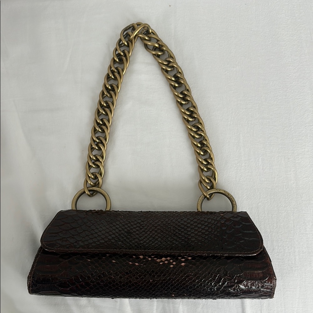 Jalda Brown Snakeskin and Gold Chain Strap Clutch Shoulder Bag EUC